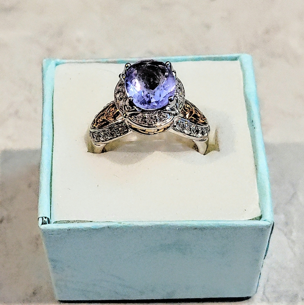 VINTAGE STERLING SILVER 2ct TANZANITE RING WITH DIAMOND CHIPS & 14K GOLD ACCENTS - Picture 8 of 16